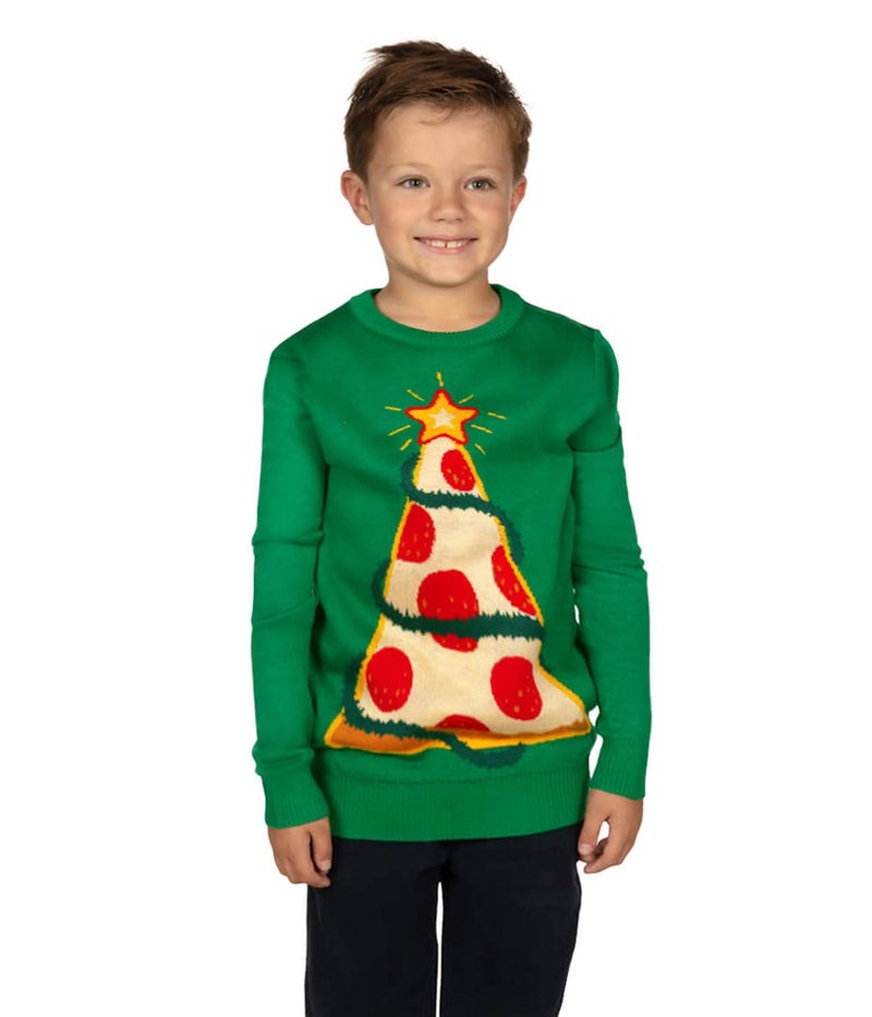Tipsy Elves Christmas Sweaters for Kids - Children's Cute and Tacky Ugly Pullovers for Boys and Girls Youth Holiday Knitwear - Youth Green Pizza Tree Christmas Sweater Size Small - Image 2